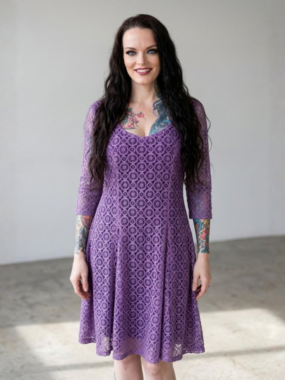 The Pyramid Collection ✦ Purple Lace Dress ✦ Sheer Sleeves Sweetheart Neckline M